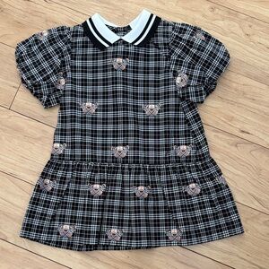 Burberry Black and White Plaid Cotton Dress with Logo Motifs